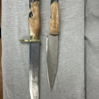 Custom 13" and 16" Pair of Deer Hoof Handle Hunting Knives  with Sheath