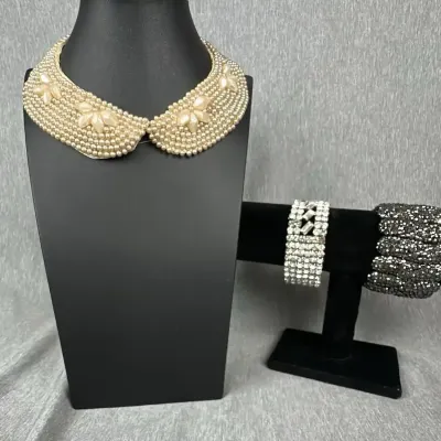Faux Pearl Beaded Collar Necklace with Swarovski and Rhinestone Bracelets
