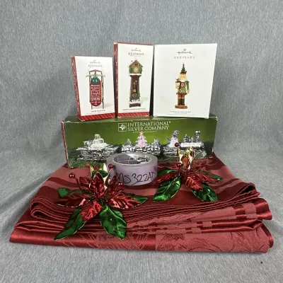 Hallmark Keepsake Ornaments, International Silver Co. Train, and Holiday Linens
