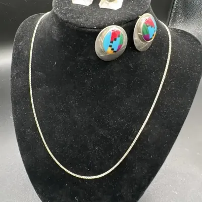 Sterling Silver Southwestern Inlay Earrings and Italian Box Chain Necklace