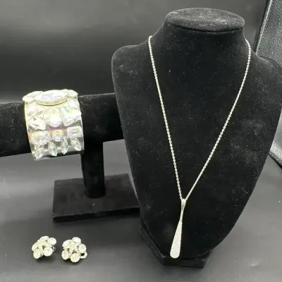 Iridescent Rhinestone Costume Jewelry Collection with Necklace, Cuff & Earrings