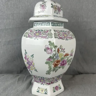 Floral Decorated Hexagonal Porcelain Ginger Jar