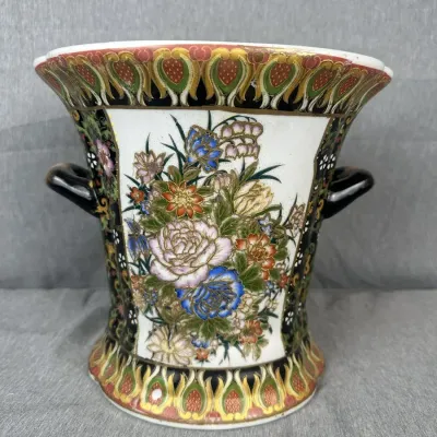 Colorful Floral Asian-Style Handled Vase