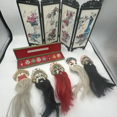 Chinese Opera Masks, Miniature Folding Screen, and Boxed Character Heads