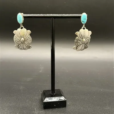 Turquoise & Sterling Silver Stamped Squash Blossom Dangle Earrings