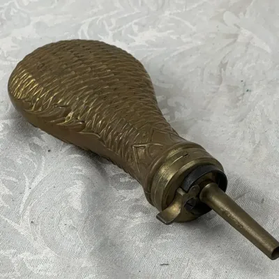 Antique Brass BP Flask Embossed w/ Basket Weave Pattern by N. Shimoy