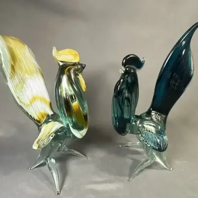 Pair of Handblown Colorful Art Glass Rooster Figurines - Yellow & Teal
