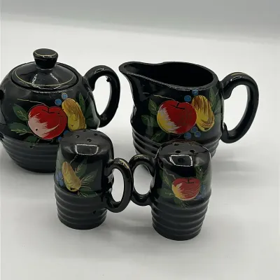 Hand-Painted Fruit Black Ceramic Creamer, Sugar, and Shakers Set
