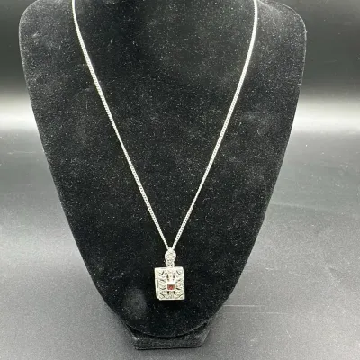 Sterling Silver Marcasite & Red Stone Locket Necklace