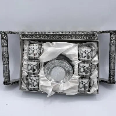 Ornate Silver-Tone Serving Tray with BHA Demitasse Cup & Saucer Set