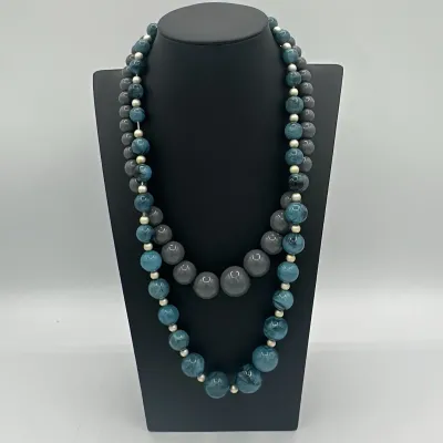 Graduated Gray and Marbled Teal Beaded Necklaces