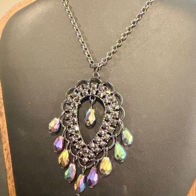 multicolored, iridescent oil-spill teardrop and round rhinestones
