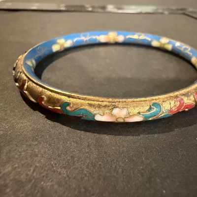 vintage-style gold-tone metal bangle bracelet featuring colorful floral and scroll enamel work Type