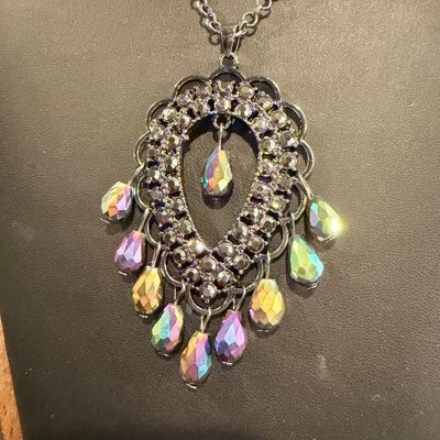 multicolored, iridescent oil-spill teardrop and round rhinestones
