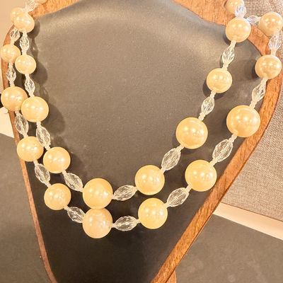 vintage double-strand faux pearl and faceted crystal bead statement necklace