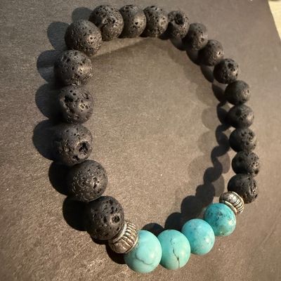 Turquoise stone type and lava beaded stretch bracelet