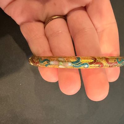 vintage-style gold-tone metal bangle bracelet featuring colorful floral and scroll enamel work Type