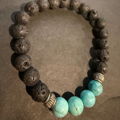 Turquoise stone type and lava beaded stretch bracelet