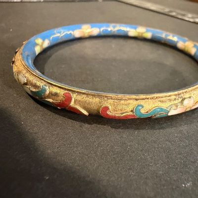 vintage-style gold-tone metal bangle bracelet featuring colorful floral and scroll enamel work Type