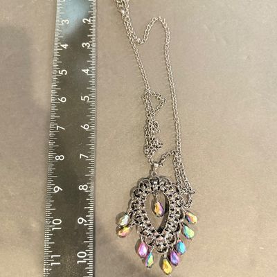 multicolored, iridescent oil-spill teardrop and round rhinestones