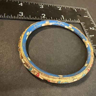 vintage-style gold-tone metal bangle bracelet featuring colorful floral and scroll enamel work Type