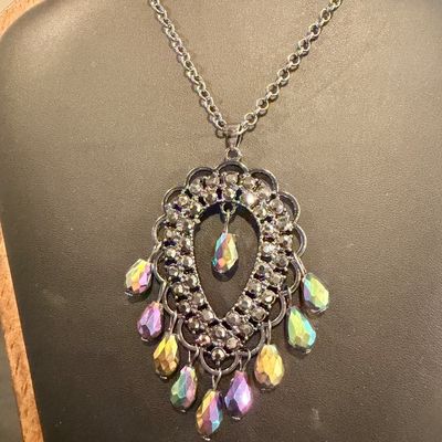 multicolored, iridescent oil-spill teardrop and round rhinestones