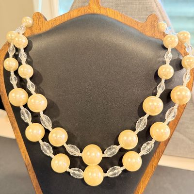 vintage double-strand faux pearl and faceted crystal bead statement necklace