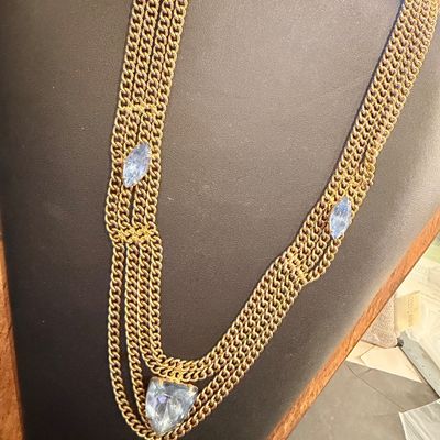 Vintage gold tone beautiful light blue gemstone multi strand necklace
