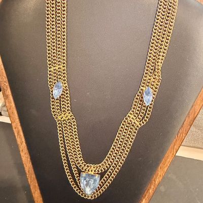 Vintage gold tone beautiful light blue gemstone multi strand necklace