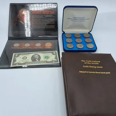 U.S. Coin, Currency & 23K Gold Stamp Collection – Jefferson & Susan B. Anthony