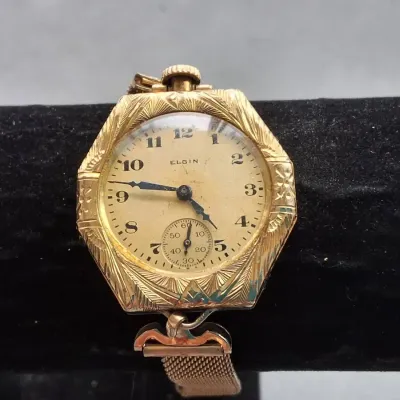 Vintage ELGIN Art Deco Engraved Wristwatch with 12K Gold-Filled Mesh Bracelet