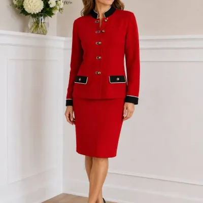 St. John Collection Marie Gray Red Black Trim Knit Jacket Size 8 w/ Skirt