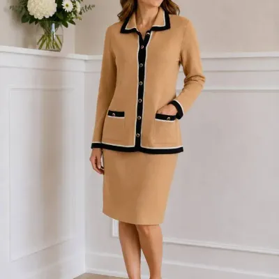 St. John Collection Marie Gray Camel Black & Ivory Knit Skirt Suit Size 8/10 