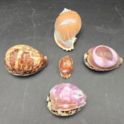 Collection of 5 Hand-Carved & Decorated Sea Shells – Nautical & Wildlife Designs