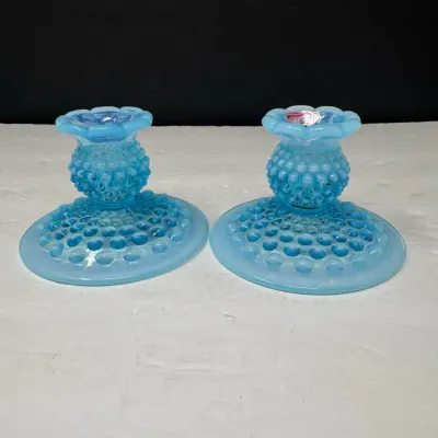 Pair of Fenton Blue Opalescent Hobnail Glass Candle Holders