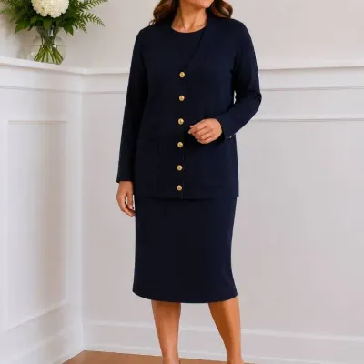 St. John Basics Navy Knit Cardigan & Sleeveless Dress Set