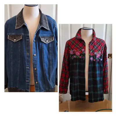 Vintage QUACKER FACTORY Embellished Denim Jacket & Floral Plaid Shirt Jacket – Sizes 2X & 1X