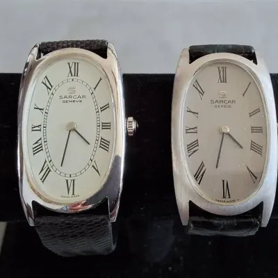 Vintage SARCAR Geneve Swiss Tonneau Dress Watch Pair