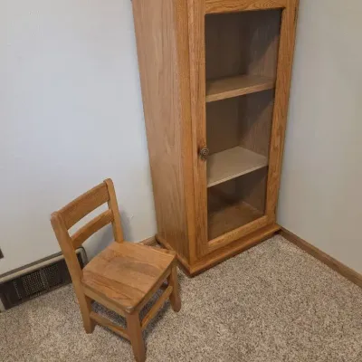 Oak Glass-Door Display Cabinet & Child’s Wooden Chair