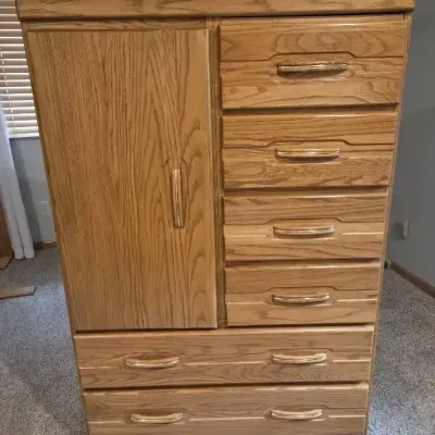 Oak Wardrobe Chest with Cabinet & 6 Drawers