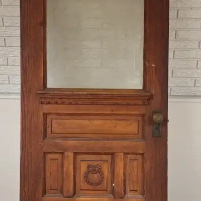 Antique Victorian Carved Oak Door with Frosted Glass & Original Hardware