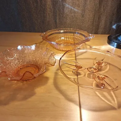 Vintage Pink Depression Glass Serving Bowls & Floral Serving Dish – 3 Pieces