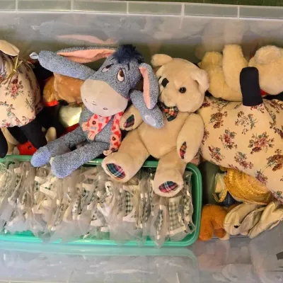 6032 stuffed animals and porcelain doll