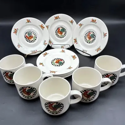 Vintage Farmhouse Style Rooster Cups & Saucers – 12 Pc