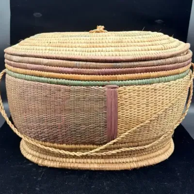 Vintage Handwoven Lidded Coil Basket with Handle – Multicolor Woven Design