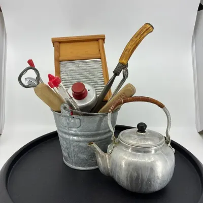 Vintage Mid-Century, Aluminum, Miniature, Teapot, And Kitchen Gadgets