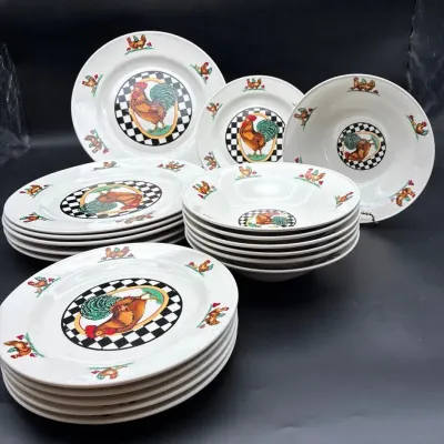 Vintage Farmhouse Style Rooster Dinnerware Set – 19 Pc
