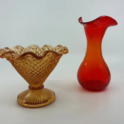 Vintage Amber Glass Pedestal Compote & Hand Blown Amberina Red Crackle Glass (2PC Set)