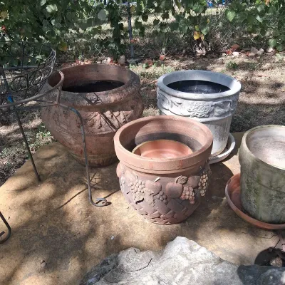 Terracotta Pots Assorted Sizes, Hanging Basket, And Iron Plant Stand
