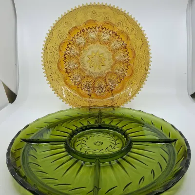 Vintage Indiana Glass Amber Deviled Egg Tray And Avocado Green Relish Tray